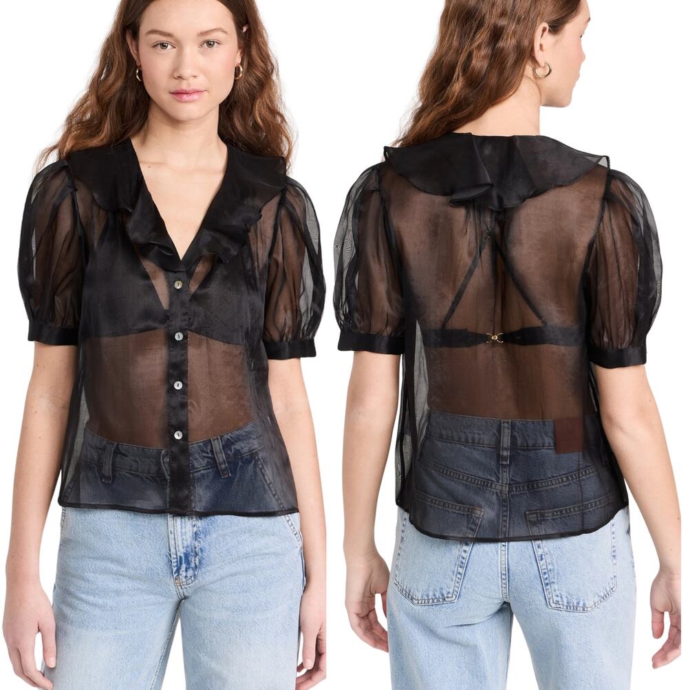 NWT Lingua Franca Sheer Ruffle Edges Short Sleeve Odette Top Black Size: Large